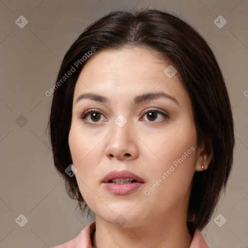 Neutral white young-adult female with medium  brown hair and brown eyes