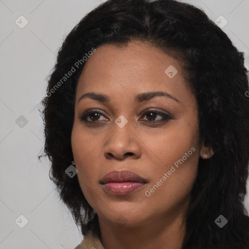 Joyful black young-adult female with long  black hair and brown eyes