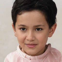 Joyful white child female with short  brown hair and brown eyes