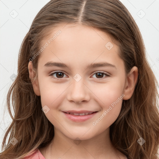 Joyful white child female with long  brown hair and brown eyes