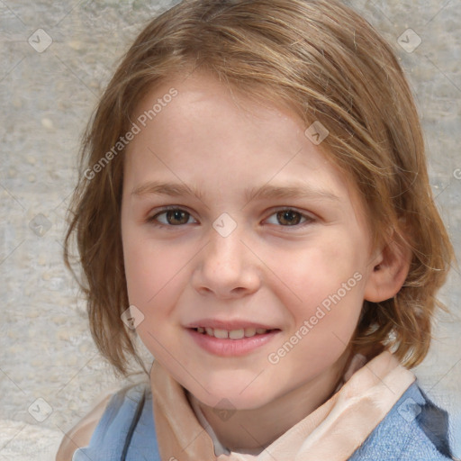 Joyful white child female with medium  brown hair and blue eyes