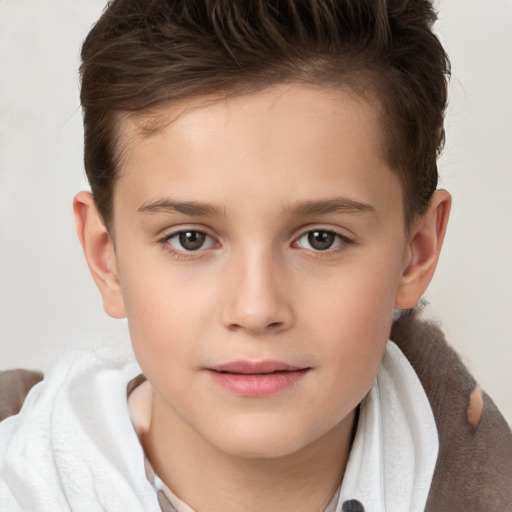 Joyful white child female with short  brown hair and brown eyes