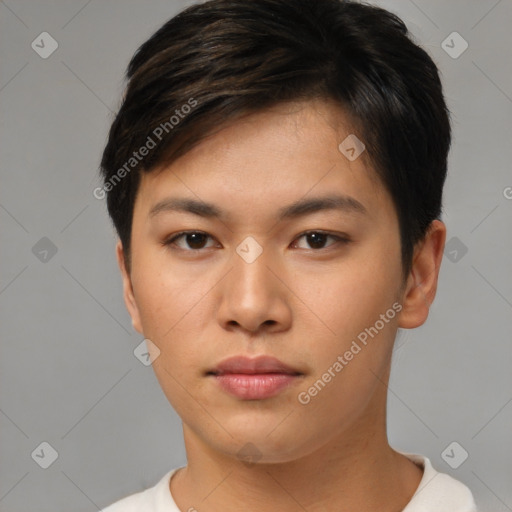 Neutral asian young-adult female with short  brown hair and brown eyes