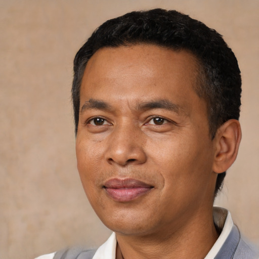 Joyful asian adult male with short  black hair and brown eyes