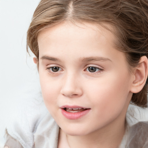 Joyful white child female with medium  brown hair and blue eyes