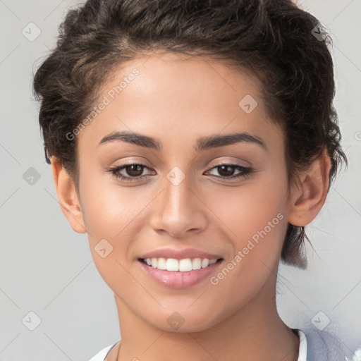 Joyful white young-adult female with short  brown hair and brown eyes