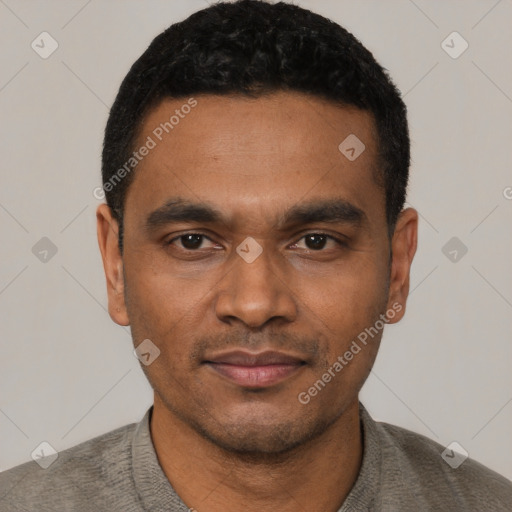 Neutral latino young-adult male with short  black hair and brown eyes