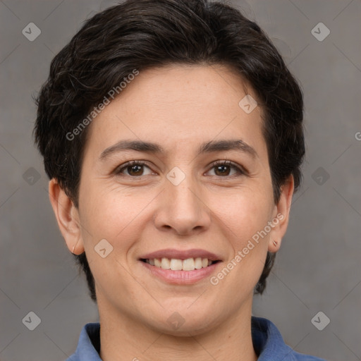 Joyful white young-adult female with short  brown hair and brown eyes