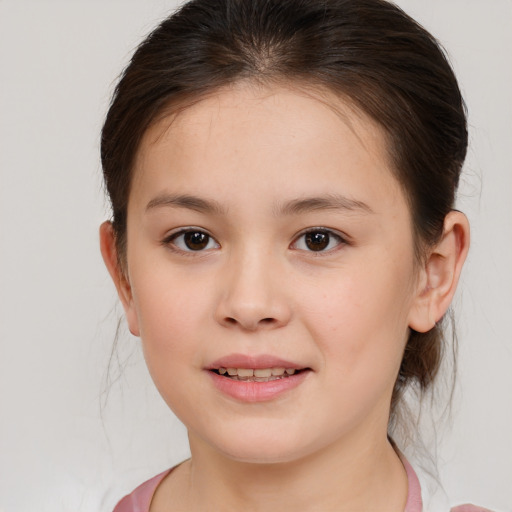 Joyful white child female with medium  brown hair and brown eyes