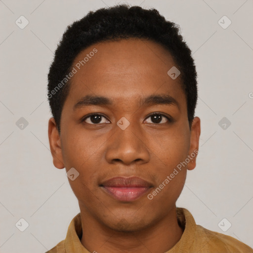 Neutral black young-adult male with short  black hair and brown eyes