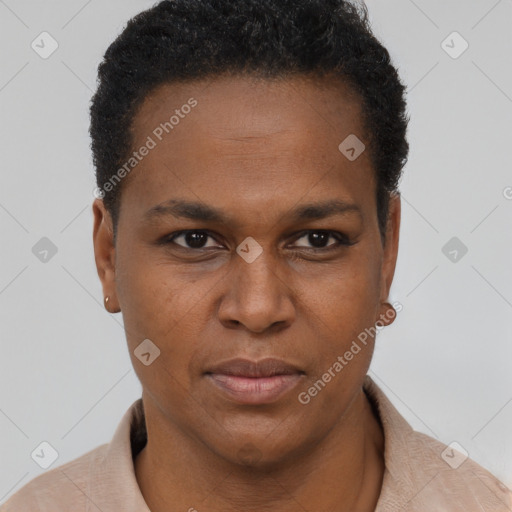 Neutral black young-adult female with short  brown hair and brown eyes