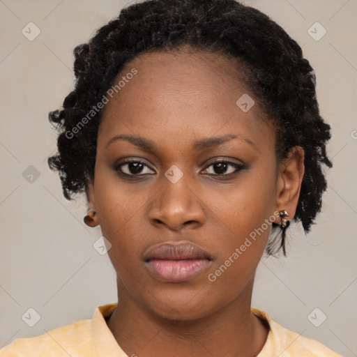 Neutral black young-adult female with short  black hair and brown eyes