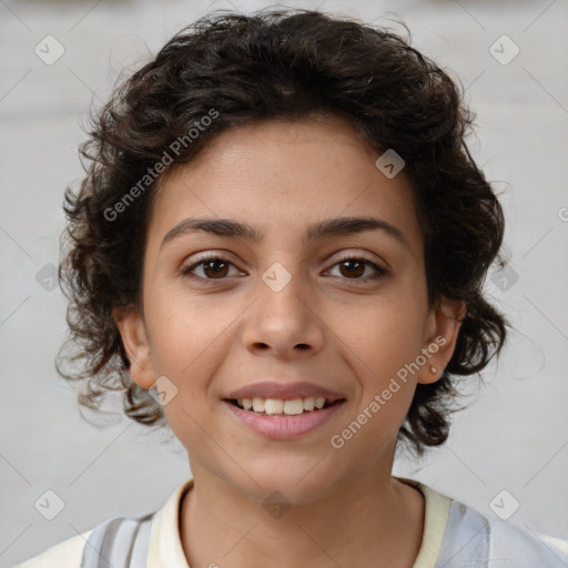 Joyful white child female with medium  brown hair and brown eyes