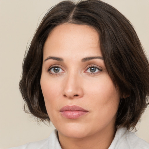 Neutral white young-adult female with medium  brown hair and brown eyes