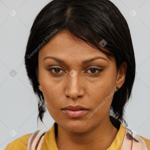 Neutral asian young-adult female with medium  brown hair and brown eyes