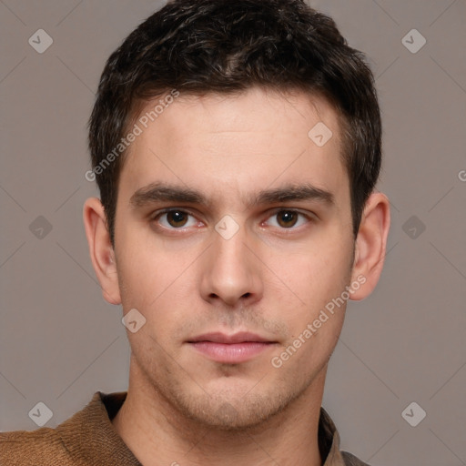 Neutral white young-adult male with short  brown hair and brown eyes