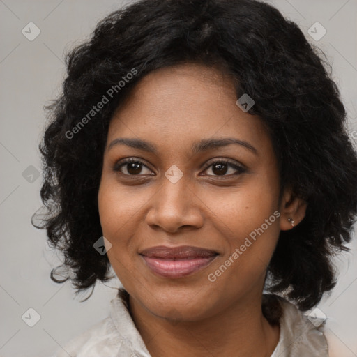 Joyful black young-adult female with medium  black hair and brown eyes