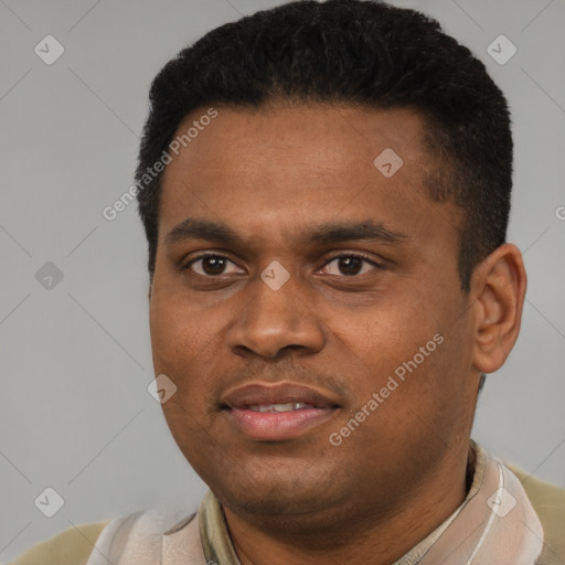 Joyful latino young-adult male with short  black hair and brown eyes