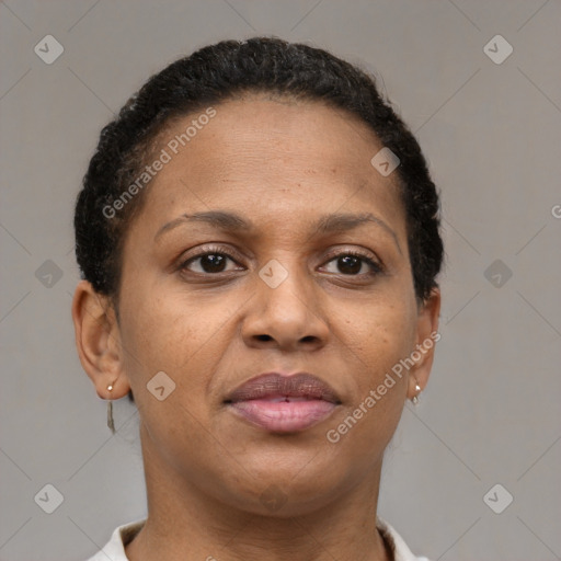 Joyful black young-adult female with short  brown hair and brown eyes