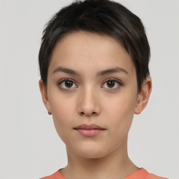 Neutral white young-adult female with short  brown hair and brown eyes