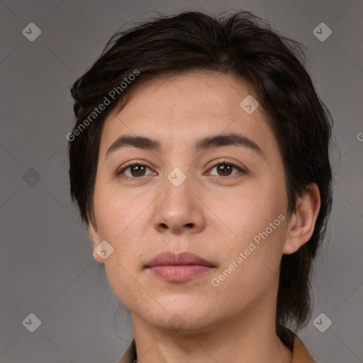 Neutral white young-adult female with medium  brown hair and brown eyes