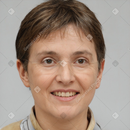 Joyful white adult female with short  brown hair and brown eyes