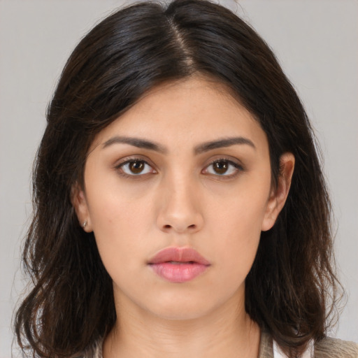 Neutral asian young-adult female with medium  brown hair and brown eyes