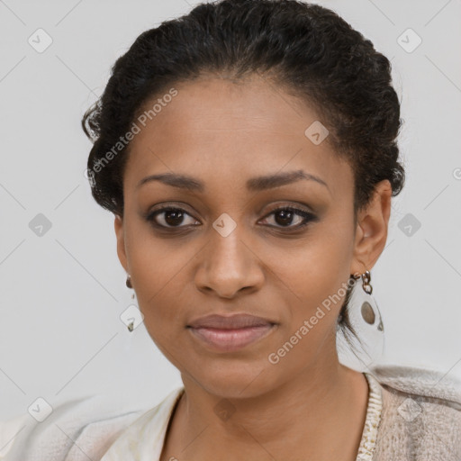 Joyful latino young-adult female with short  brown hair and brown eyes