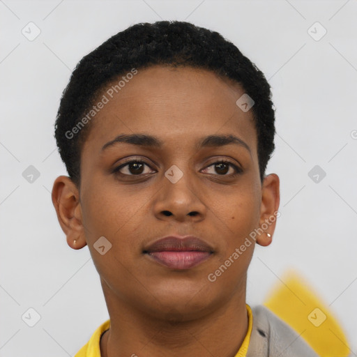 Neutral black young-adult female with short  brown hair and brown eyes
