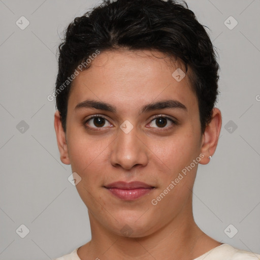 Joyful white young-adult female with short  brown hair and brown eyes