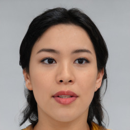 Neutral asian young-adult female with medium  black hair and brown eyes