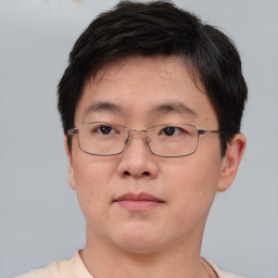 Neutral asian adult male with short  brown hair and brown eyes