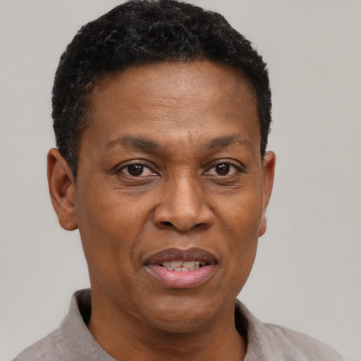 Joyful black adult male with short  brown hair and brown eyes