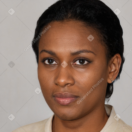 Neutral black young-adult female with short  black hair and brown eyes