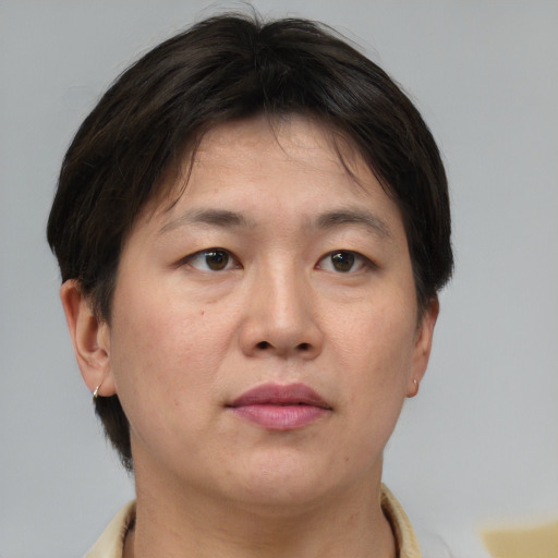 Neutral asian young-adult female with short  brown hair and brown eyes