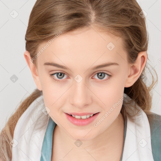 Joyful white child female with medium  brown hair and brown eyes