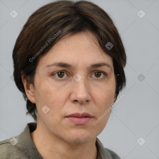 Neutral white adult female with medium  brown hair and brown eyes