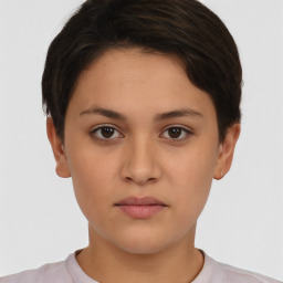 Neutral white young-adult female with short  brown hair and brown eyes