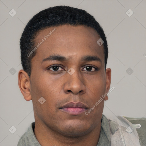 Neutral latino young-adult male with short  brown hair and brown eyes