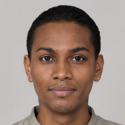 Neutral black young-adult male with short  black hair and brown eyes