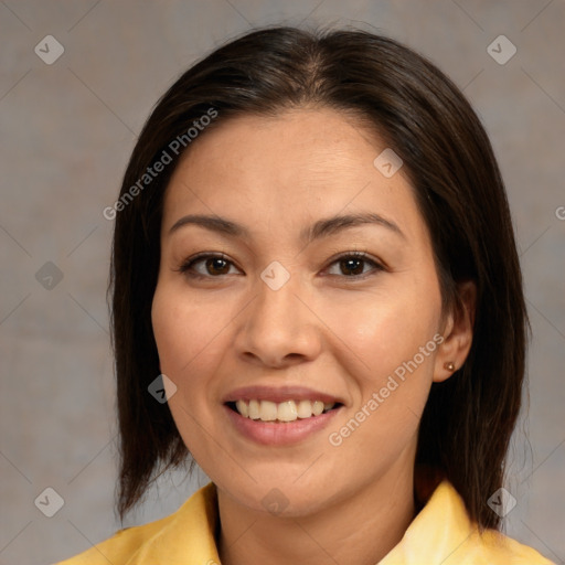 Joyful white young-adult female with medium  brown hair and brown eyes