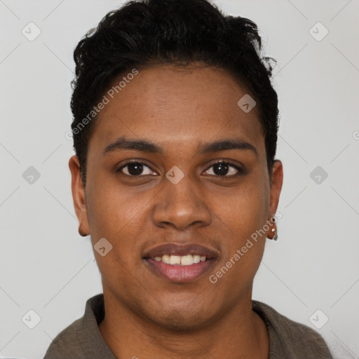 Joyful black young-adult male with short  brown hair and brown eyes