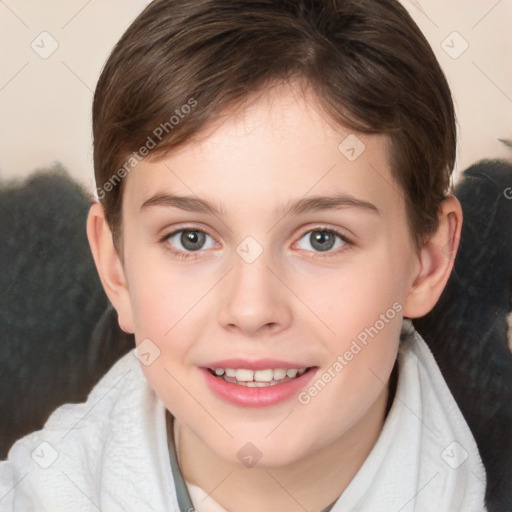 Joyful white child female with medium  brown hair and brown eyes