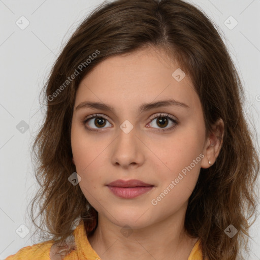 Neutral white young-adult female with medium  brown hair and brown eyes