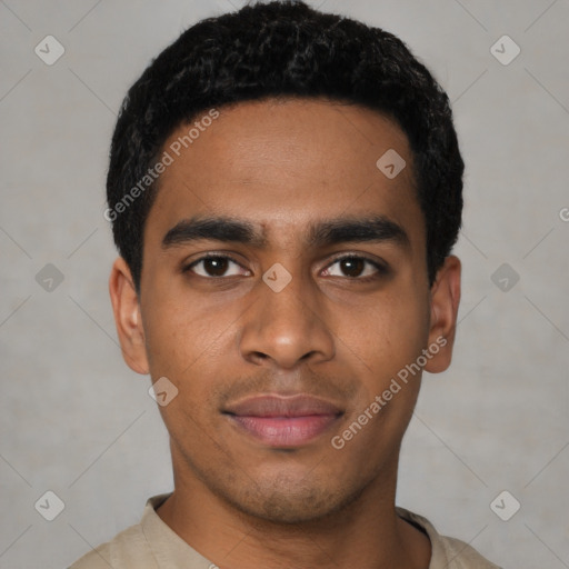 Neutral latino young-adult male with short  black hair and brown eyes