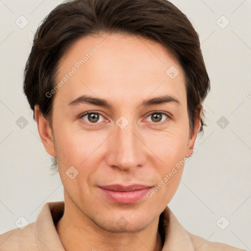 Joyful white young-adult female with short  brown hair and brown eyes