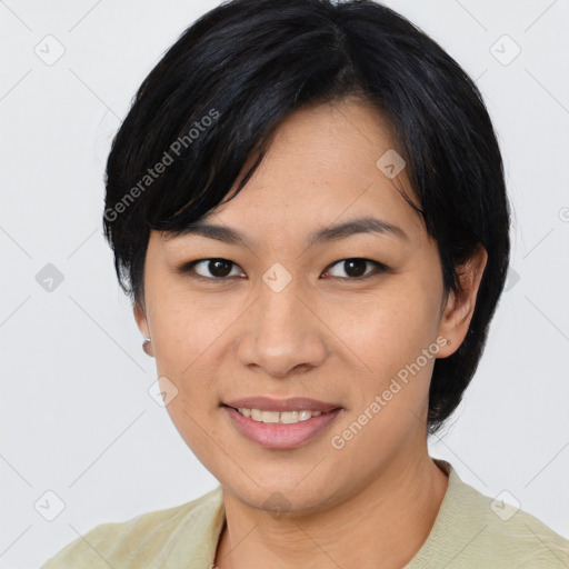 Joyful asian young-adult female with medium  black hair and brown eyes