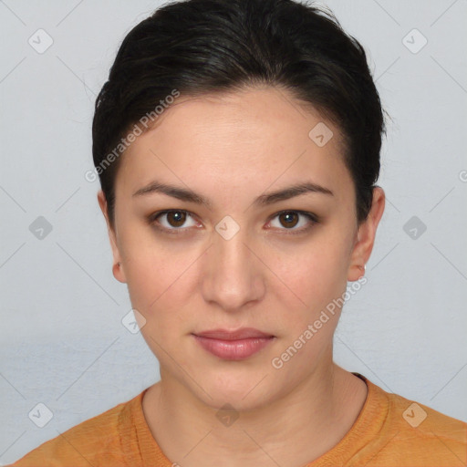 Neutral white young-adult female with short  brown hair and brown eyes