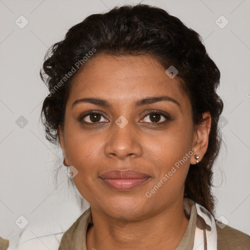 Joyful black young-adult female with medium  brown hair and brown eyes