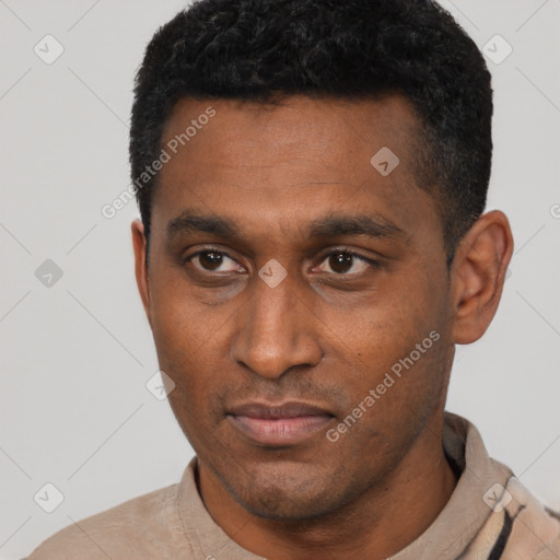 Neutral latino young-adult male with short  black hair and brown eyes